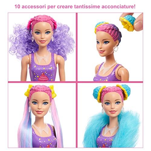 Barbie Color Reveal Peinados Cupcake, muñeca sorpresa de juguete con accesorios para el pelo y mascota (Mattel HBG39)