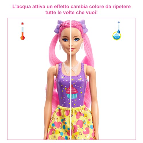 Barbie Color Reveal Peinados Cupcake, muñeca sorpresa de juguete con accesorios para el pelo y mascota (Mattel HBG39)