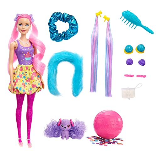 Barbie Color Reveal Peinados Cupcake, muñeca sorpresa de juguete con accesorios para el pelo y mascota (Mattel HBG39)