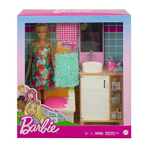 Barbie en casa Muñeca rubia con set de juguete de baño, con mueble de baño y accesorios de juguete (Mattel GRG87)