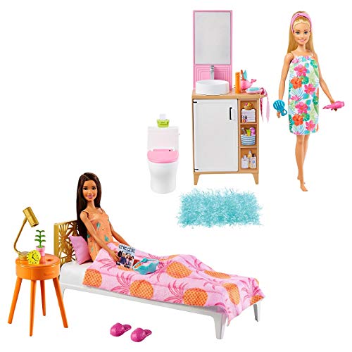 Barbie en casa Muñeca rubia con set de juguete de baño, con mueble de baño y accesorios de juguete (Mattel GRG87)