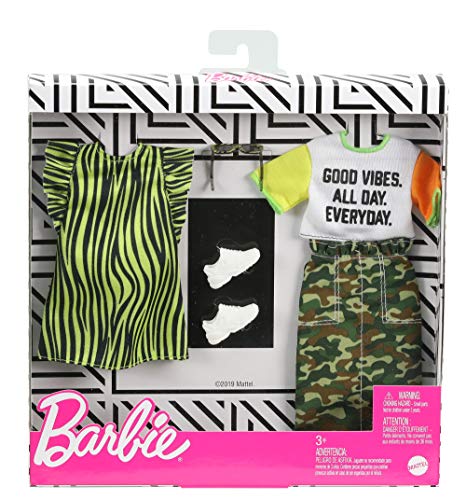 Barbie Fashionistas - Kit de Ropa para muñecas, con Falda de Camuflaje, Camiseta, Vestido a Rayas y Accesorios para niños, GHX67