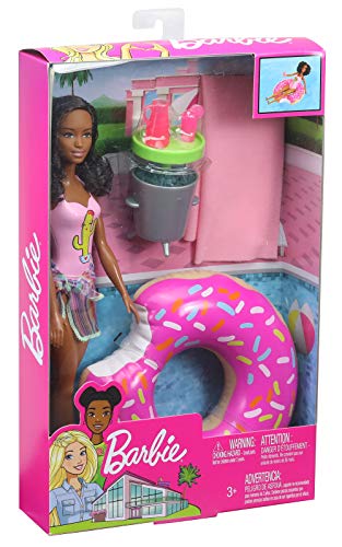 Barbie Muñeca Afroamericana con Flotador de Piscina en Forma de Donut Bañador Rosado (Mattel GHT21)