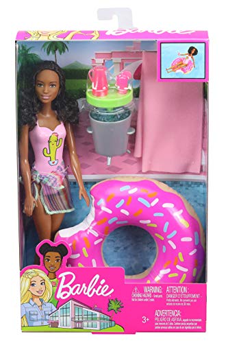 Barbie Muñeca Afroamericana con Flotador de Piscina en Forma de Donut Bañador Rosado (Mattel GHT21)