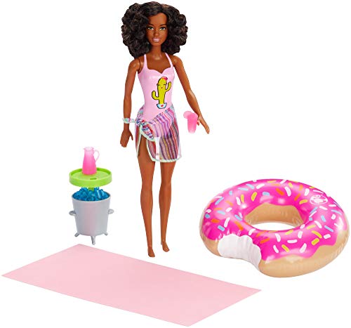 Barbie Muñeca Afroamericana con Flotador de Piscina en Forma de Donut Bañador Rosado (Mattel GHT21)