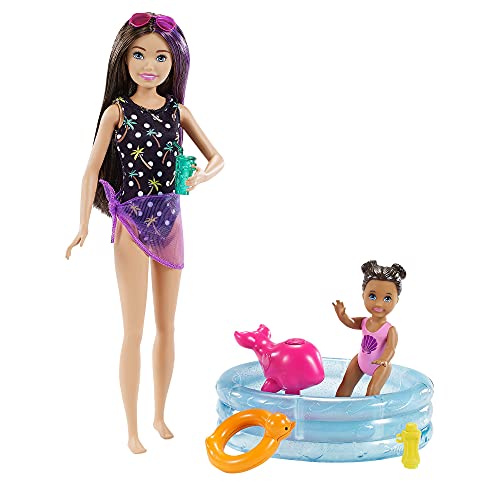 Barbie Skipper Muñeca canguro con bañador y bebé, con piscina de juguete y accesorios de agua (Mattel GRP39)