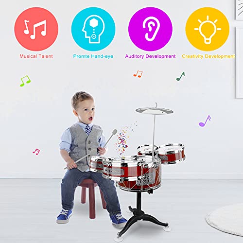 Bateria Infantil para niños，8 Piezas Jazz Batería Instrumento Percusión Musical con 5 Tambores 1 Platillo y 2 Baquetas ,Musical Educativos Regalo de Navidad para Niños y Niñas de 3 Años, Rojo