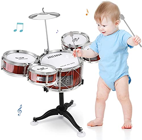 Bateria Infantil para niños，8 Piezas Jazz Batería Instrumento Percusión Musical con 5 Tambores 1 Platillo y 2 Baquetas ,Musical Educativos Regalo de Navidad para Niños y Niñas de 3 Años, Rojo