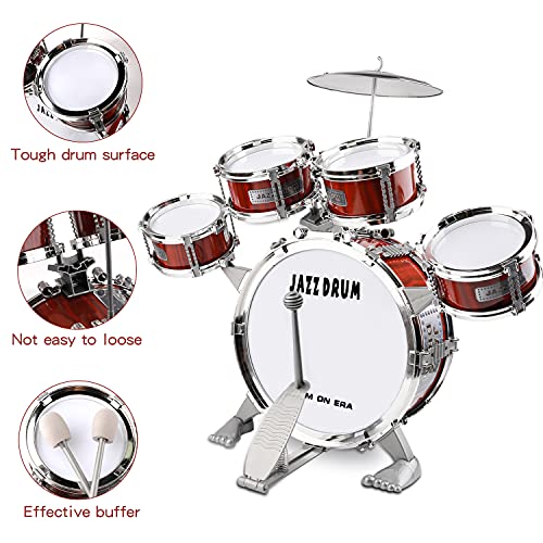 Bateria Musical para Niños，Bateria Infantil Jazz Instrumento Percusión con 5 Tambores 1 Platillo 2 Baquetas y Taburete - Musical Educativos Regalo de Navidad para Niños y Niñas de 3 Años, Rojo