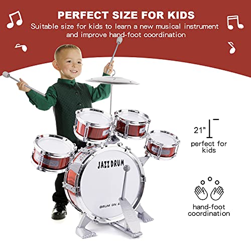 Bateria Musical para Niños，Bateria Infantil Jazz Instrumento Percusión con 5 Tambores 1 Platillo 2 Baquetas y Taburete - Musical Educativos Regalo de Navidad para Niños y Niñas de 3 Años, Rojo