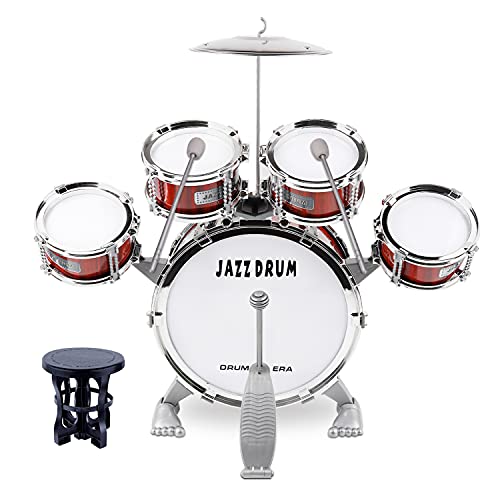 Bateria Musical para Niños，Bateria Infantil Jazz Instrumento Percusión con 5 Tambores 1 Platillo 2 Baquetas y Taburete - Musical Educativos Regalo de Navidad para Niños y Niñas de 3 Años, Rojo