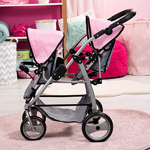 Bayer Design 26508Aa, Carrito Doble Para Muñecas, Comruedas Delanteras Giratorias, Color Gris, Rosa