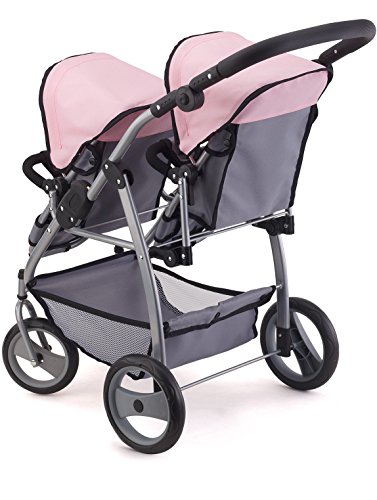 Bayer Design 26508Aa, Carrito Doble Para Muñecas, Comruedas Delanteras Giratorias, Color Gris, Rosa