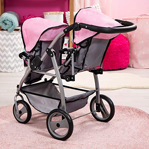 Bayer Design 26508Aa, Carrito Doble Para Muñecas, Comruedas Delanteras Giratorias, Color Gris, Rosa