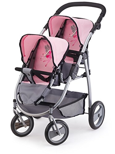 Bayer Design 26508Aa, Carrito Doble Para Muñecas, Comruedas Delanteras Giratorias, Color Gris, Rosa