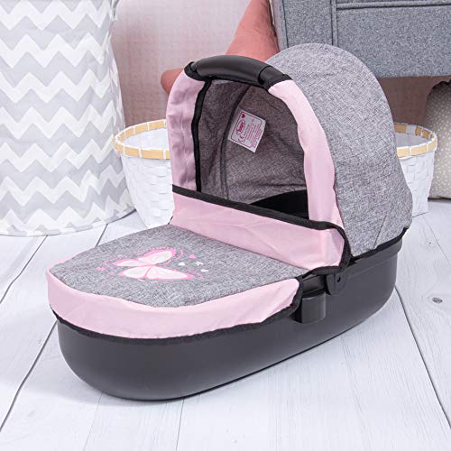 Bayer Design- Cochecito Style con Bolso Cambiador, Carrito Paseo Para Muñecos, Convertible, Plegable, Compatible con Silla de Coche Easygo, Color Vaqueros Grises y Rosas con Mariposa (12633Aa)