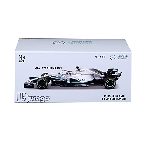 Bburago - Coche de Juguete en Miniatura Escala 1:43 Mercedes AMG Petronas F1 W10 EQ Power+ con Casco de Hamilton, B18-38049H