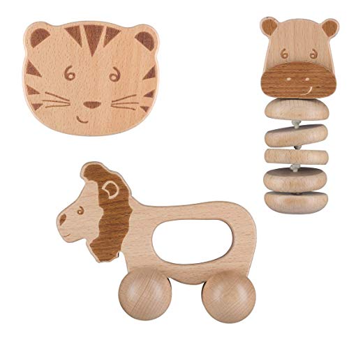 Bébé Confort - Set de Juguetes de Madera para Bebé : Juguete Rodante León + Sonajero Tigre + Sonajero Hipopótamo