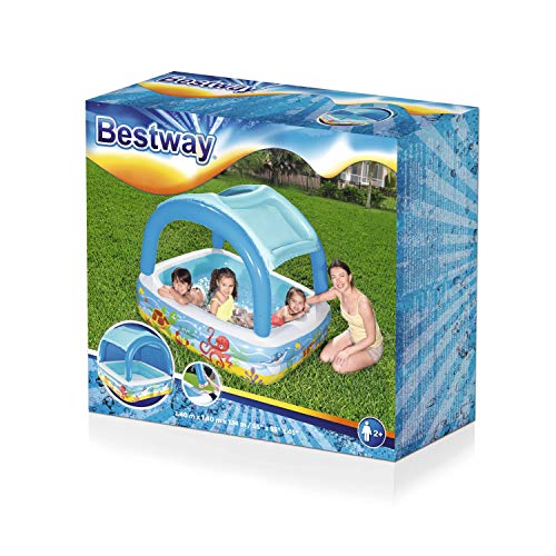 BESTWAY 52192 - Piscina Hinchable Infantil con Parasol Canopy 147x147x122 cm Multicolor con Animales Marinos 265 Litros Para Niños y Niñas Mayores de 2 Años