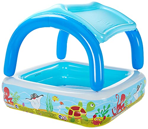 BESTWAY 52192 - Piscina Hinchable Infantil con Parasol Canopy 147x147x122 cm Multicolor con Animales Marinos 265 Litros Para Niños y Niñas Mayores de 2 Años