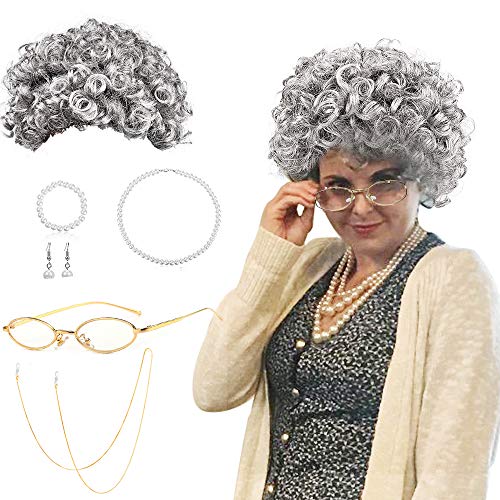 BIQIQI Peluca Abuela Gris Cosplay Accesorio Mujeres Peluca Rizos Gafas Madea Granny, ,Correa Cadenas Gafas,Joyería Perlas,Abuelita Anciana Señoras Carnaval Disfraz