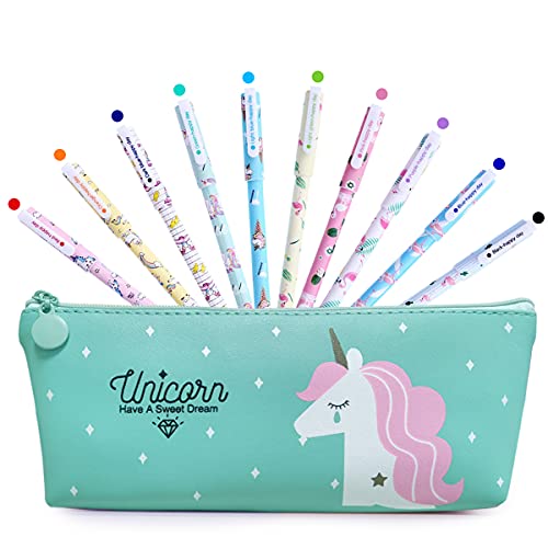 BIQIQI Unicornio Estuche Papelería Set Lápices Bolígrafos de Unicornio Escolar Kawaii Boligrafos Gel 10 Colores para el Colegio y La Oficina Regalo de Cumpleaños Niña 4 5 6 7 8 9 10 Años