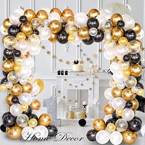 Black Gold Balloon Arch & Garland Kit, 90Pcs Black, Gold Glitter and Metal Latex Balloons with Tying Tool, Balloon Strip Tape and Glue Points for Birthday Wedding Baby Shower Graduation Party Decor