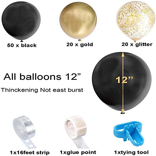 Black Gold Balloon Arch & Garland Kit, 90Pcs Black, Gold Glitter and Metal Latex Balloons with Tying Tool, Balloon Strip Tape and Glue Points for Birthday Wedding Baby Shower Graduation Party Decor