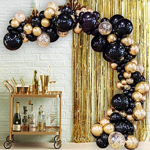 Black Gold Balloon Arch & Garland Kit, 90Pcs Black, Gold Glitter and Metal Latex Balloons with Tying Tool, Balloon Strip Tape and Glue Points for Birthday Wedding Baby Shower Graduation Party Decor