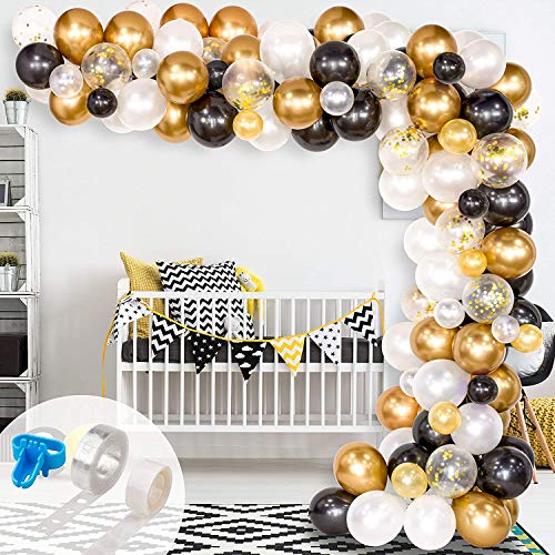 Black Gold Balloon Arch & Garland Kit, 90Pcs Black, Gold Glitter and Metal Latex Balloons with Tying Tool, Balloon Strip Tape and Glue Points for Birthday Wedding Baby Shower Graduation Party Decor