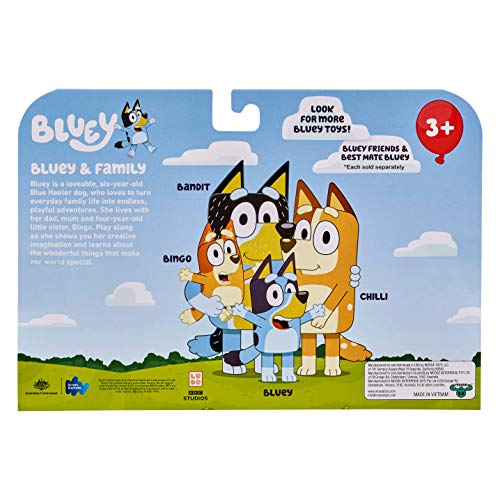 Bluey y Familia: Bluey, Bingo, Bandit y Chilli. Figura de acción articulada, 4 Unidades, 6,35 cm, Personajes, Juguete Oficial Coleccionable.