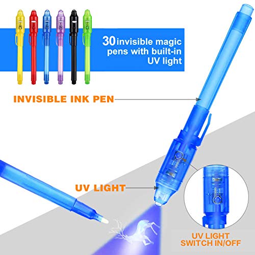 Bolígrafo de Tinta Invisible lápiz espía con rotulador mágico de luz UV para Mensajes Secretos y Fiestas para Cumpleaños Infantiles Festival de Música Fiesta … (30 Bolígrafos)