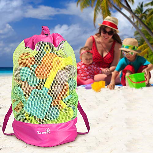 Bolsa de juguetes de playa, bolsa de malla grande, bolsas de almacenamiento de juguetes para niños, mochila de playa, bolsas de playa, no se incluyen juguetes (rosa y amarillo)