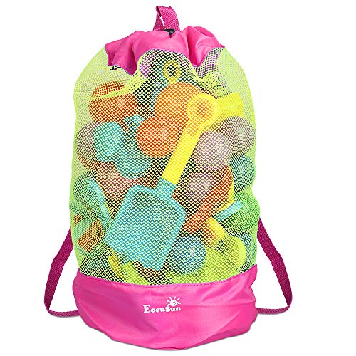 Bolsa de juguetes de playa, bolsa de malla grande, bolsas de almacenamiento de juguetes para niños, mochila de playa, bolsas de playa, no se incluyen juguetes (rosa y amarillo)