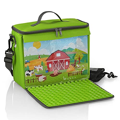 Bolsa para bloques de construcción con placa de construcción plegable, color verde granja, tamaño L, compatible con grandes bloques de construcción como Lego Duplo, incluye bolsa de red