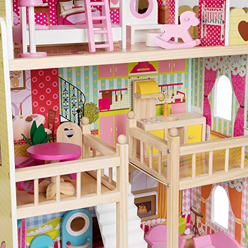 boppi - Casa De Muñecas De Madera Para Niñas Con 3 Pisos Y 17 Accesorios O Muebles Para Jugar