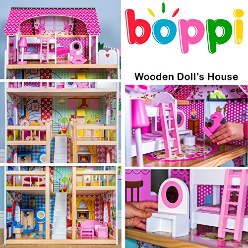 boppi - Casa De Muñecas De Madera Para Niñas Con 3 Pisos Y 17 Accesorios O Muebles Para Jugar