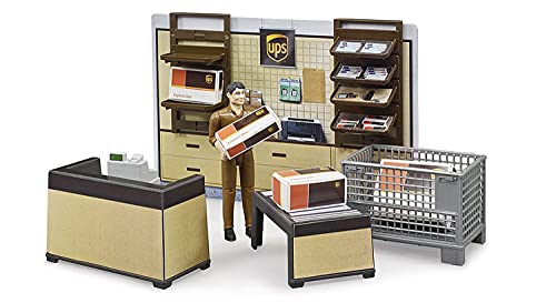 Bruder Bworld UPS 62250 - Caja de Paquetes con mostradores y Caja, báscula de Paquetes, Caja de Rejilla y Paquetes, empleados y estantería de Pared