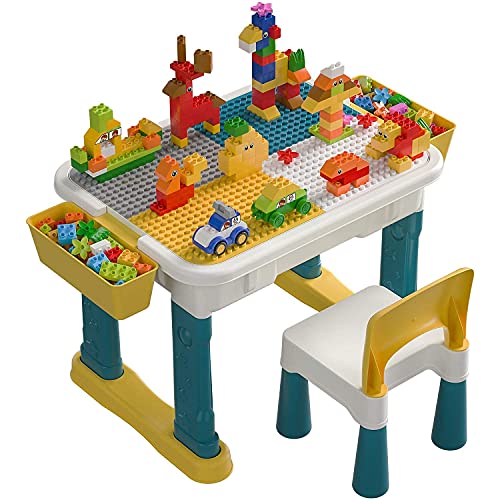 burgkidz Juego de Mesa y Silla para Niños con Bloques de Construcción Grandes de 135 Piezas, Mesa Grande de Actividades para Niños y Niñas para Dibujar y Cenar, Manualidades y Tareas