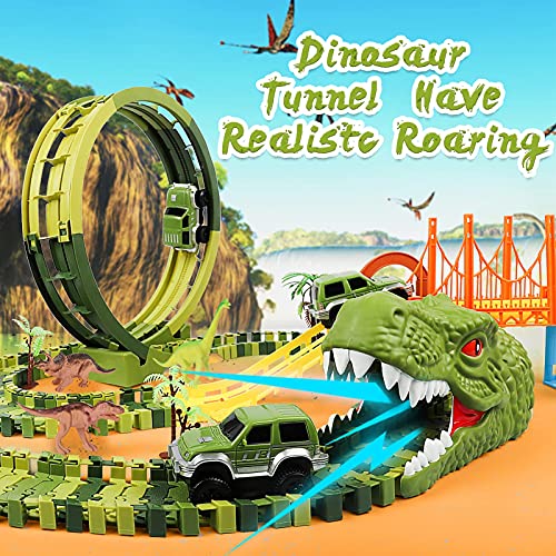 burgkidz Pista de Carreras Juguetes de Dinosaurios, 320pcs Pistas Circuito de Dinosaurio Mundo Jurásico con 2 Cabezas de Dinosaurio Rugiente, Dinosaurios Juguetes Regalos para Niños Niñas 3 4 5 6 años