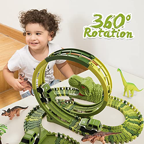 burgkidz Pista de Carreras Juguetes de Dinosaurios, 320pcs Pistas Circuito de Dinosaurio Mundo Jurásico con 2 Cabezas de Dinosaurio Rugiente, Dinosaurios Juguetes Regalos para Niños Niñas 3 4 5 6 años