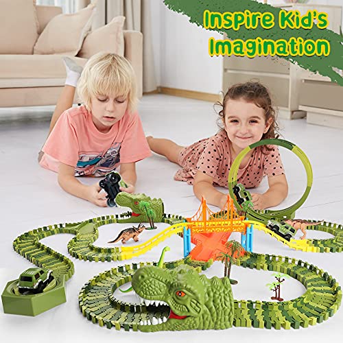 burgkidz Pista de Carreras Juguetes de Dinosaurios, 320pcs Pistas Circuito de Dinosaurio Mundo Jurásico con 2 Cabezas de Dinosaurio Rugiente, Dinosaurios Juguetes Regalos para Niños Niñas 3 4 5 6 años