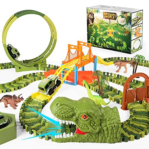 burgkidz Pista de Carreras Juguetes de Dinosaurios, 320pcs Pistas Circuito de Dinosaurio Mundo Jurásico con 2 Cabezas de Dinosaurio Rugiente, Dinosaurios Juguetes Regalos para Niños Niñas 3 4 5 6 años