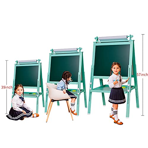 Caballete para niños, 3 en 1, pizarra blanca de doble cara y pizarra de tiza con eje y rollo de papel, números, vaso para colorear para niños pequeños y niños (verde)