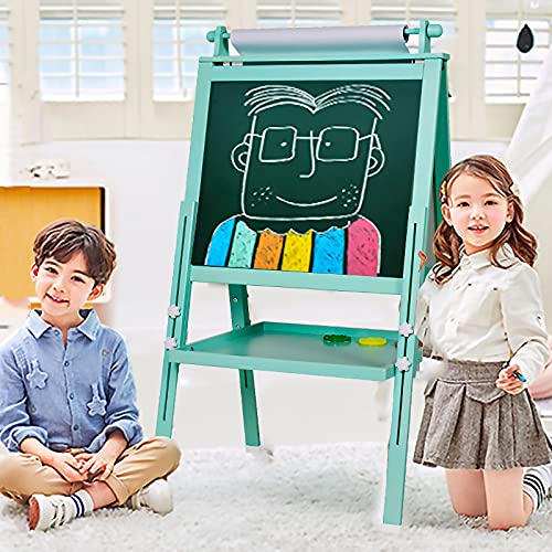 Caballete para niños, 3 en 1, pizarra blanca de doble cara y pizarra de tiza con eje y rollo de papel, números, vaso para colorear para niños pequeños y niños (verde)