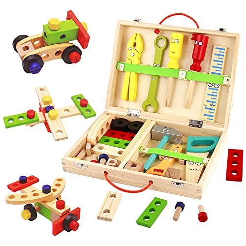 Caja Herramientas Juguetes de Madera-Rompecabezas DIY Construccion Maletin Herramientas Juguete Educativos Niños 3 4 5 6 Años,Juego De Rol Mesa Cajas Para Herramientas Niños Caja Manualidades Juguetes