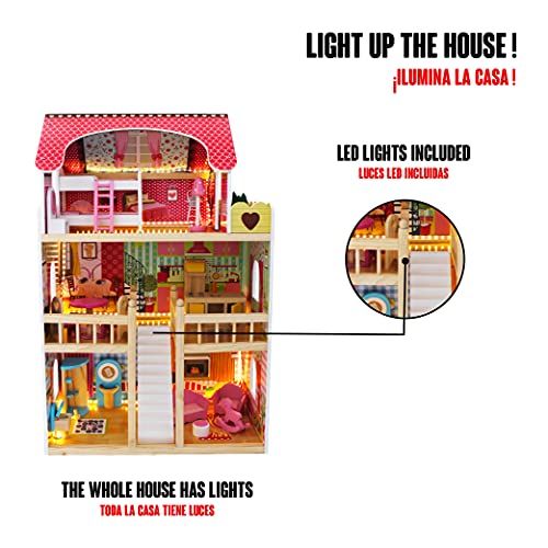 Calma Dragon Casa de Muñecas con Luces LED W06A163, de Madera con Muebles Incluidos, Mansion para muñecas, 3 Pisos para muñecas de 28cm, con escaleras y 18 Accesorios.