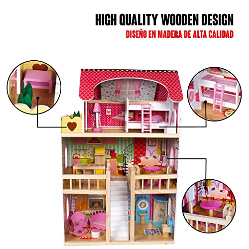 Calma Dragon Casa de Muñecas con Luces LED W06A163, de Madera con Muebles Incluidos, Mansion para muñecas, 3 Pisos para muñecas de 28cm, con escaleras y 18 Accesorios.