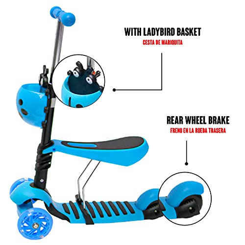 Calma Dragon JC210, Patinete para Niños, Scooter con 3 Ruedas, 5 en 1, con Asiento extraíble, Manillar, Mango de Empuje, Altura Ajustable, Monopatín para niños de 1 a 9 años (Azul)