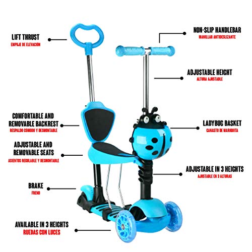 Calma Dragon JC210, Patinete para Niños, Scooter con 3 Ruedas, 5 en 1, con Asiento extraíble, Manillar, Mango de Empuje, Altura Ajustable, Monopatín para niños de 1 a 9 años (Azul)